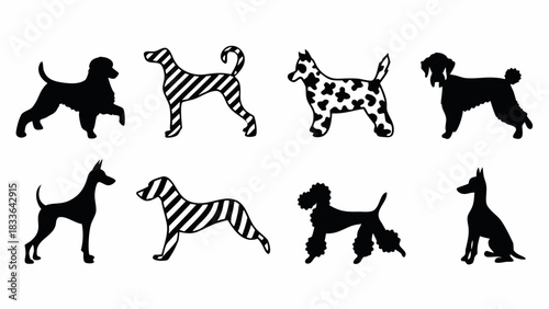 Playful dog breed silhouettes in trendy patterns create a modern pet-friendly design, perfect for apparel, branding, and fun pet product marketing