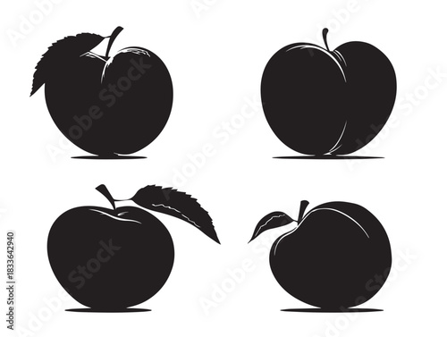 A nice set of four juicy peach fruit silhouette vector icons in solid black