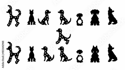 Delightful array of diverse dog silhouettes, perfect for pet lovers, groomers, or veterinary clinics seeking playful, modern designs for branding needs