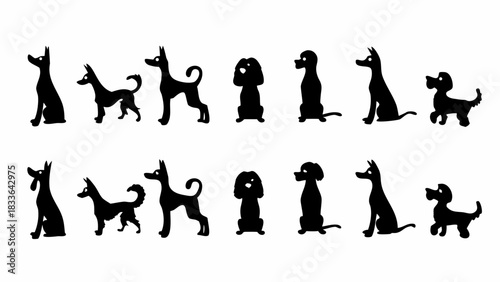 Adorable dog silhouettes in various poses, perfect for pet-themed designs and playful illustrations for kids, puppies, and canine lovers, vector origin