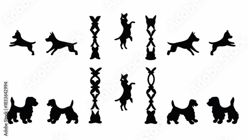 Playful puppy silhouettes in a seamless pattern for delightful pet themed designs, perfect for textiles, wallpaper, and branding with a modern, fun style