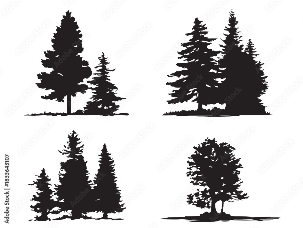 Obraz premium A lovely set of four beautiful dense pine forest silhouette vector icons