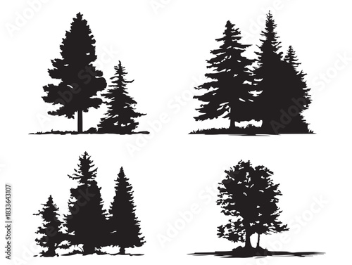 A lovely set of four beautiful dense pine forest silhouette vector icons