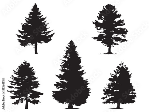 A beautiful set of four stunning evergreen pine tree silhouette vector icons
