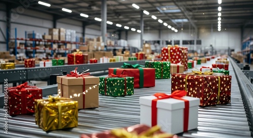 Colorful gift wrapped presents moving on a conveyor belt within a large warehouse ready for holiday shipping