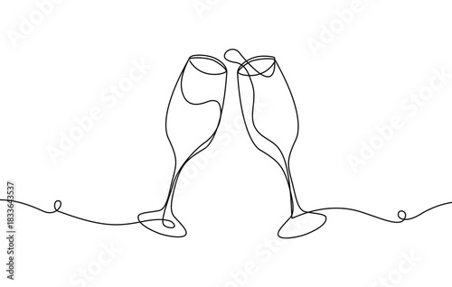 Continuous one line drawing of cheers two wine glasses vector illustration