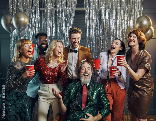 A candid flash photo of a retro 80s office Christmas party