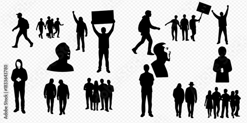 Silhouettes of diverse people and groups, including protesters holding signs, walking, and standing, representing various social interactions and public gatherings.