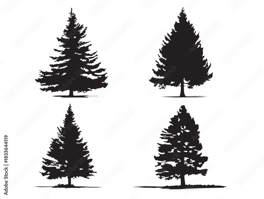 Obraz premium A stunning collection of four simple spruce tree silhouette designs