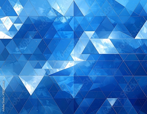Blue, geometric abstract art with triangular sections and textures