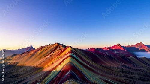 Iconic Vinicunca Rainbow Mountain in Peru at sunrise. Dramatic colorful geological formations and majestic peaks of the Andes range, a breathtaking natural wonder for adventure travel and hiking.