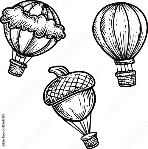 Vintage hot air balloons and acorn balloon sketched airship design illustration