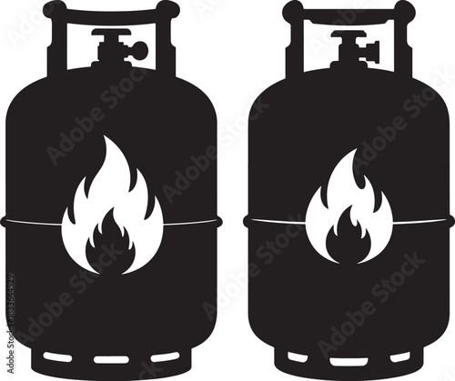 Two black silhouette lpg gas cylinders with flame icon silhouette
