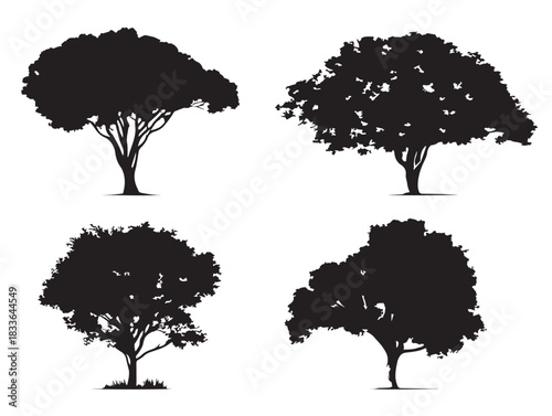 A dynamic set of four tree canopy silhouette icons in gorgeous black