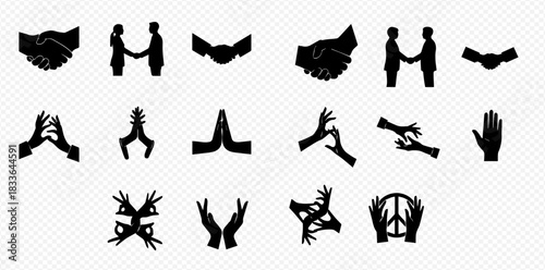 A collection of diverse hand gestures and handshakes, including prayer hands, peace signs, and various symbolic hand positions, presented as black silhouettes.