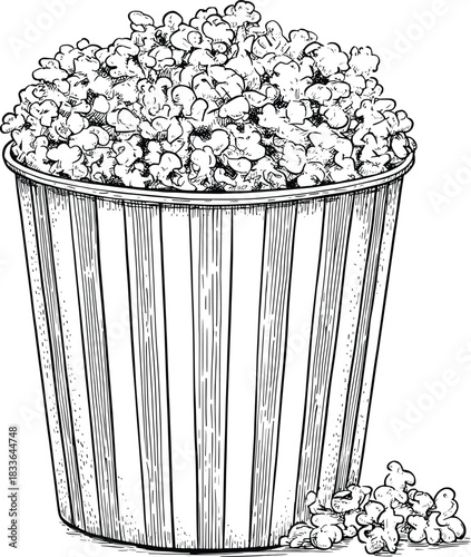 Container of popcorn overflowing tasty snack food treat junkfood isolated drawing