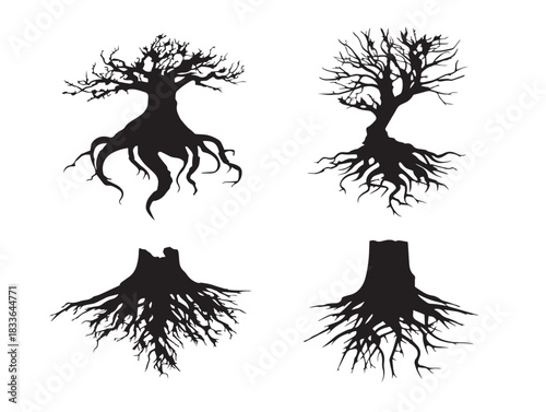 A stunning set of four gorgeous tree root silhouette vector icons