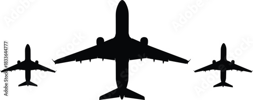 Airplane, silhouette, cartoon, illustration, flight, jet, aircraft, sky, travel, aviation, commercial, regional, trio, symmetry, black, white, flying, transport, overhead, design
