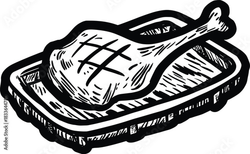 black and white roasted chicken on tray clip art preview