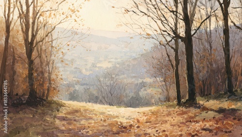 秋色の森と遠景を描いた水彩風風景イラスト