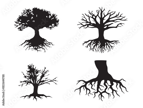 A nice set of four tree root silhouette icons in attractive black