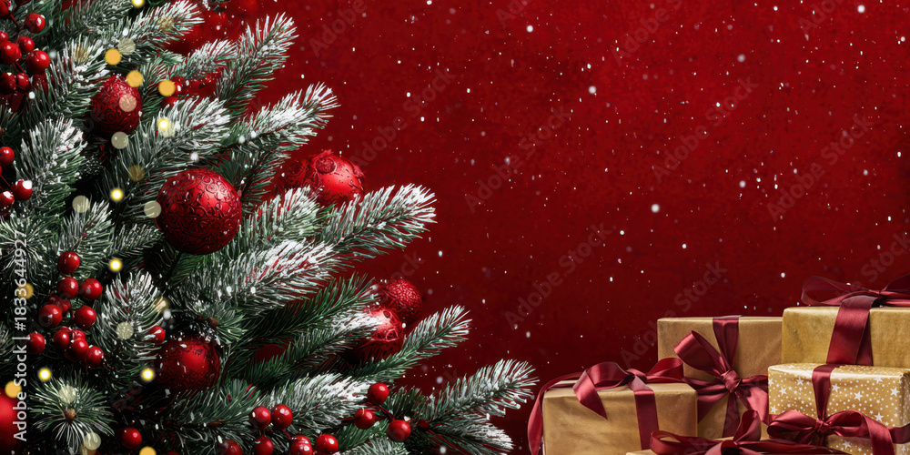 Obraz premium Christmas Tree with Gifts on Red Festive Background