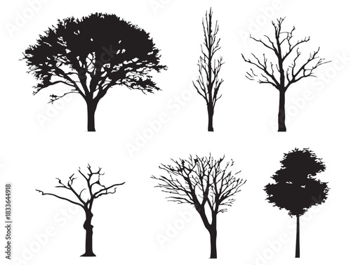 A stunning set of four solid black tree stem silhouette vector icons