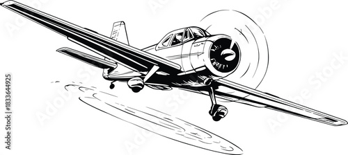 Vintage airplane illustration flying in sky with spinning propeller and splash landing