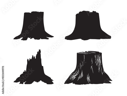 An elegant group of four simple tree stump silhouette icon designs