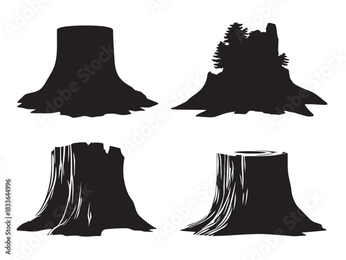 A stunning collection of four solid black tree stump silhouette icons