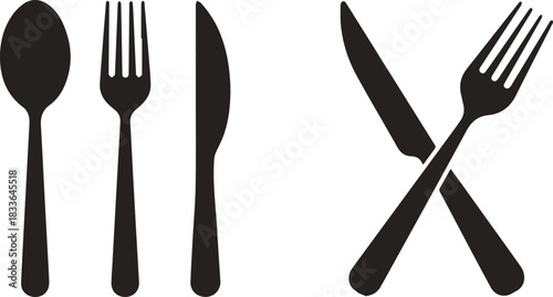 Black cutlery icon set with spoon, fork, and knife vector silhouette