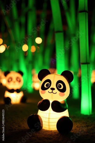 Cute glowing panda lantern in a bamboo forest at night