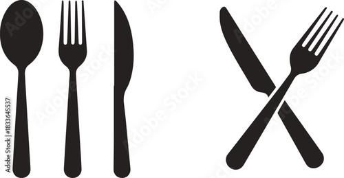 Black cutlery icon set with spoon, fork, and knife vector silhouette