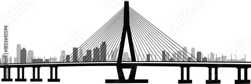 Cable, stayed, bridge, illustration, city, skyline, architecture, engineering, design, tower, cables, structure, urban, silhouette, modern, infrastructure, grayscale, symmetry, landmark, background
