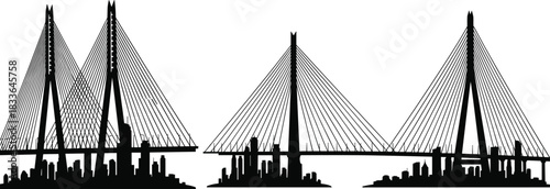 Cable, stayed, bridge, silhouette, city, skyline, architecture, engineering, illustration, urban, design, tower, cables, structure, black, white, modern, infrastructure, symmetry, landmark