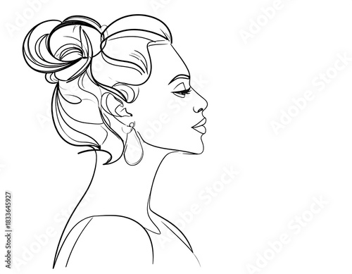 Black and white line drawing of a woman in profile, with an elegant updo and dangling earrings. A minimalistic depiction