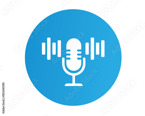 Blue circle icon with white microphone and sound wave isolated on transparent background