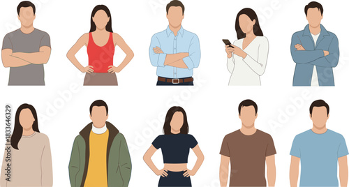 Cartoon, people, illustration, diverse, characters, posture, outfit, hairstyle, avatar, casual, fashion, design, standing, arms, phone, demographic, style, waist, up, expression