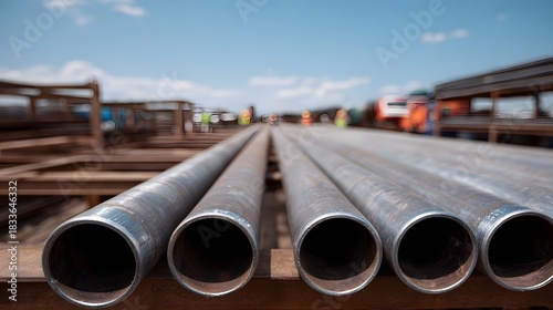 Wallpaper Mural Rows of shiny metal pipes are neatly arranged on racks at an outdoor industrial construction site under a clear blue sky Torontodigital.ca