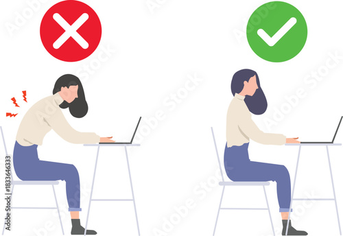 A comparison of proper and improper postures for individuals using a laptop computer at a desk.
 Stock Illustration
