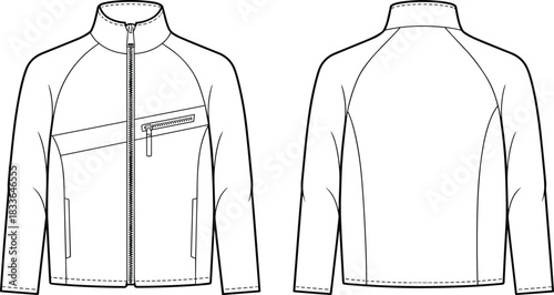Technical jacket front and back view, zipper closure, high collar, chest pocket, fashion sketch, garment design, cad drawing flat vector illustration