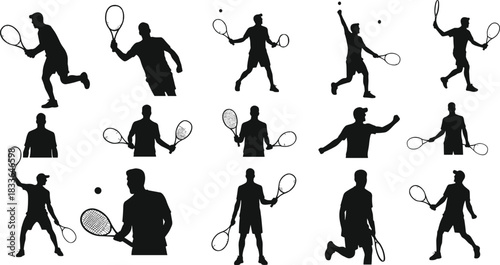 Tennis player silhouette, male athlete vector, racket sport icon, tennis match pose, hitting ball, sportsman shadow illustration, game motion