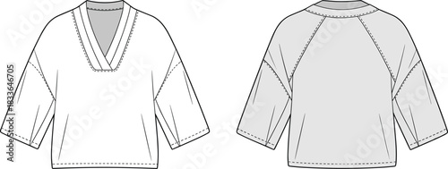 Three quarter sleeve top fashion design, V neck loose garment, front and back view, cad drawing flat vector illustration