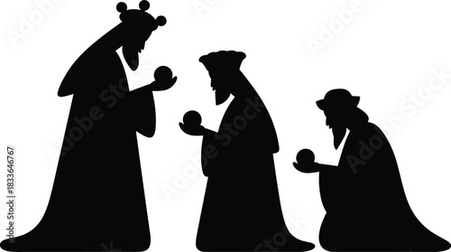 Three wise men silhouette with gifts, Epiphany tradition, nativity story, Christmas celebration, religious symbol, holy kings, biblical holiday scene.