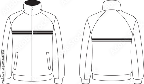 Track jacket technical flat sketch, front and back view, zipper closure, ribbed hem, stripe chest detail, apparel fashion illustration, CAD drawing flat vector illustration