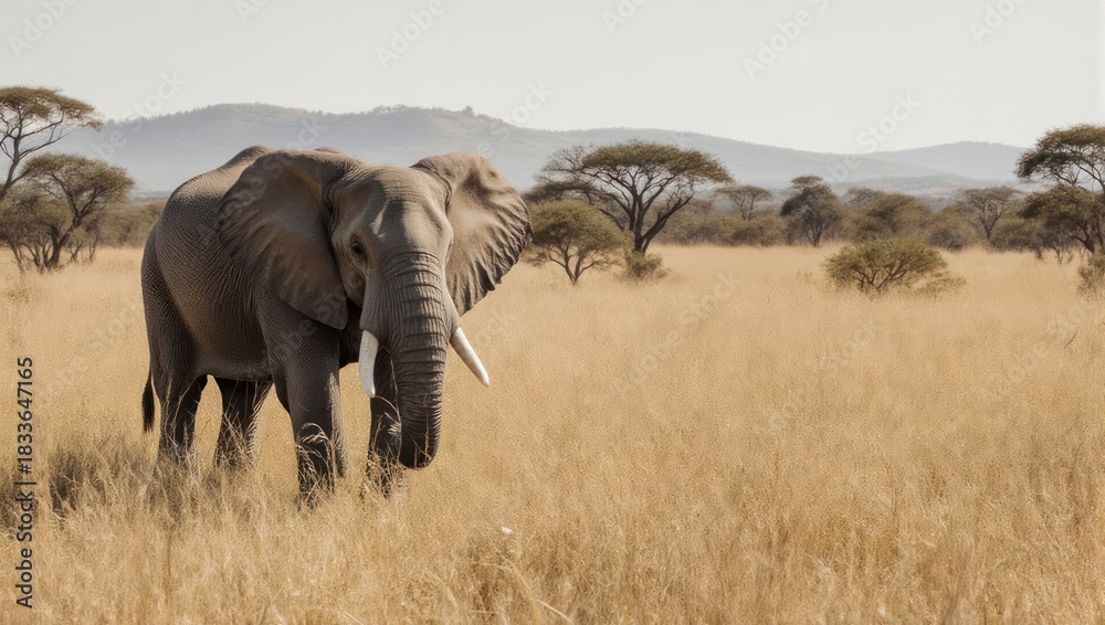 Obraz premium Majestic African elephant walking through the golden savanna grasslands.