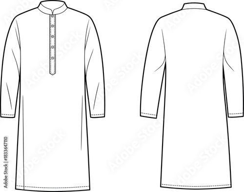 Traditional long tunic thobe front and back view, fashion flat sketch, CAD drawing, vector illustration, apparel design template, cultural clothing mockup