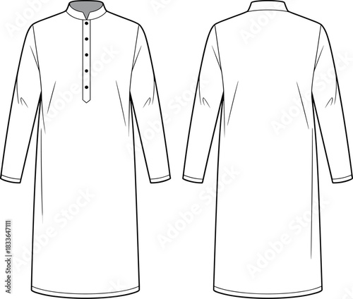 Traditional long tunic thobe flat sketch, fashion technical drawing, vector apparel template, stand collar button placket design, cultural garment illustration, cad drawing flat vector illustration