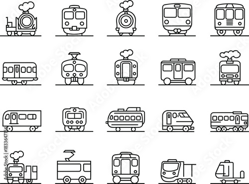 Train icons set, steam locomotive, modern train, subway, trolley, railway transportation, travel symbols, public transport, train front view, line art vector