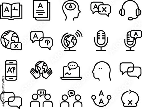 Translation and communication icons set, language learning, speech bubbles, globe, microphone, conversation, headset, online chat, multilingual, global communication, voice recognition, dialogue